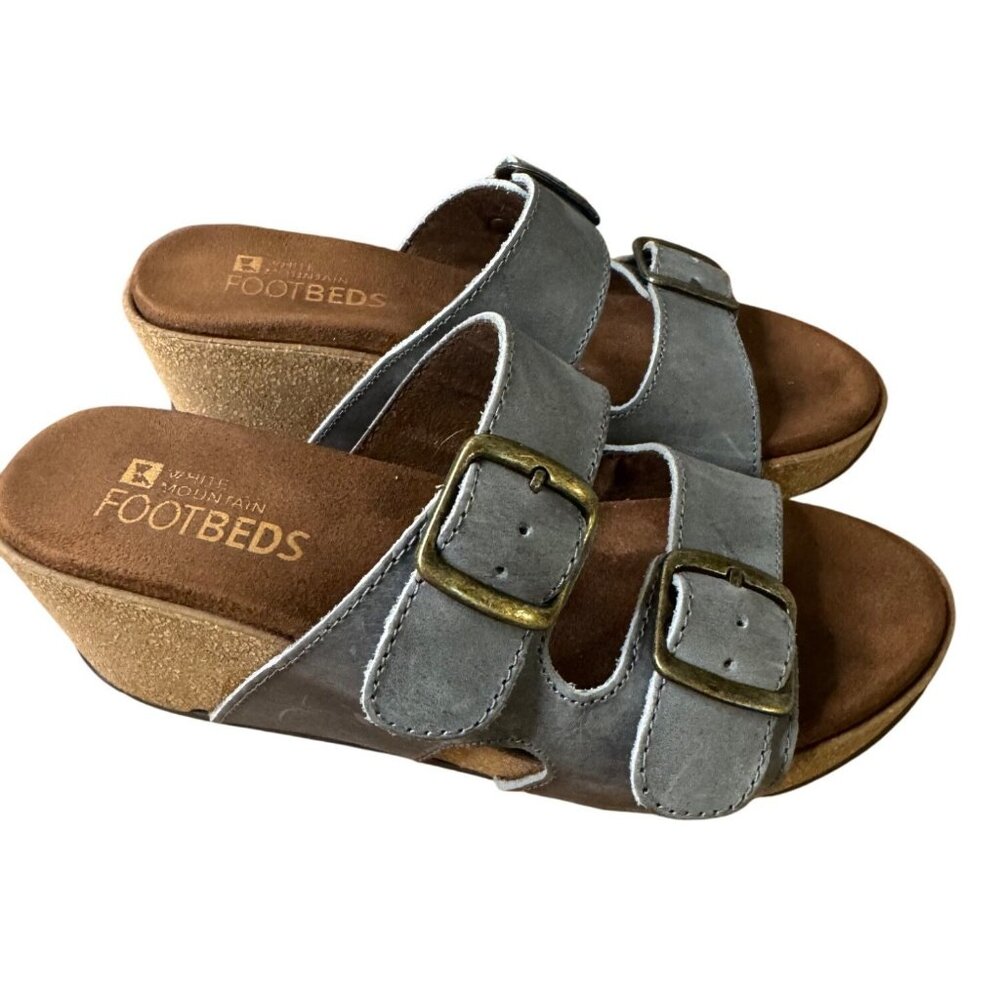 White Mountain FootbedsGray Leather Buckle Slide Sandals Women's Size 6